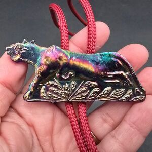 Vintage Iridescent Carnival Glass Panther Bolo Tie Red Cord Brass Tips Rainbow